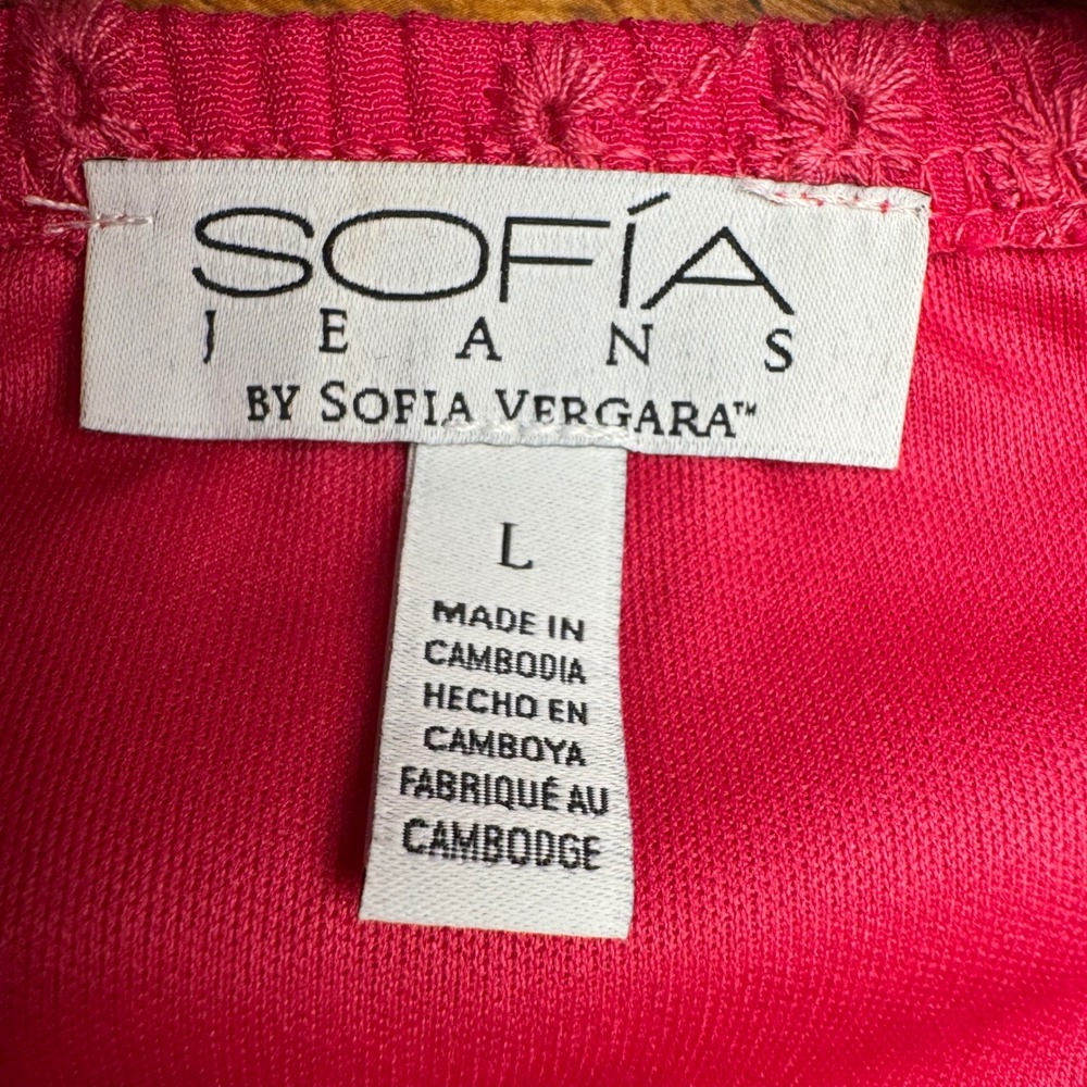 SOFIA JEANS BY SOFIA VERGARA Pink Eyelet Peplum Top Women's Size L Puff Sleeve - Picture 4 of 5